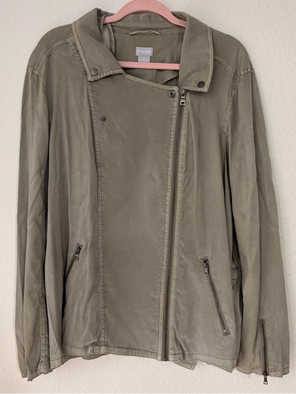 Chico’s‎ Olive Green Lightweight Utility Jacket SZ 3/XL Moto Layering Neutral